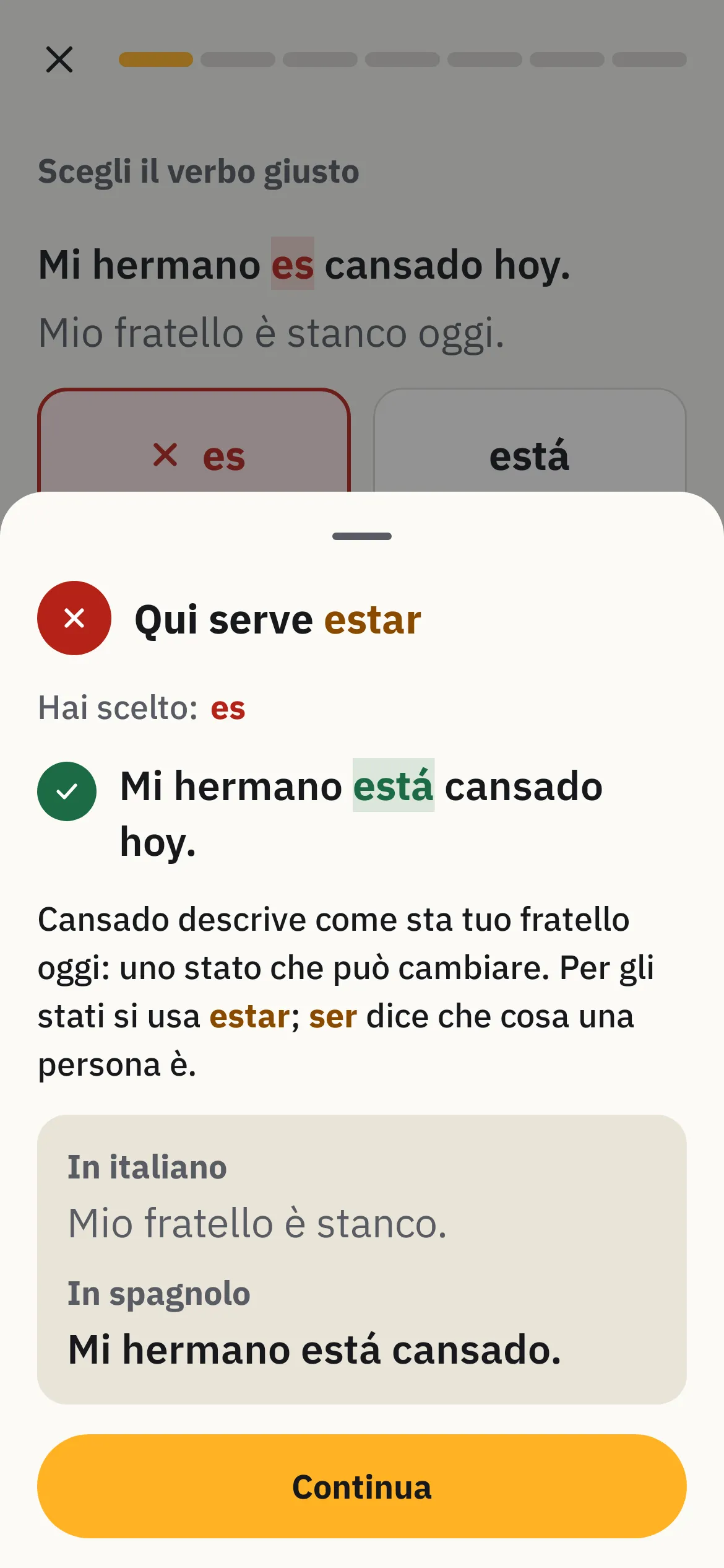 Correzione di un errore: qui serve estar, con la frase giusta e la spiegazione.