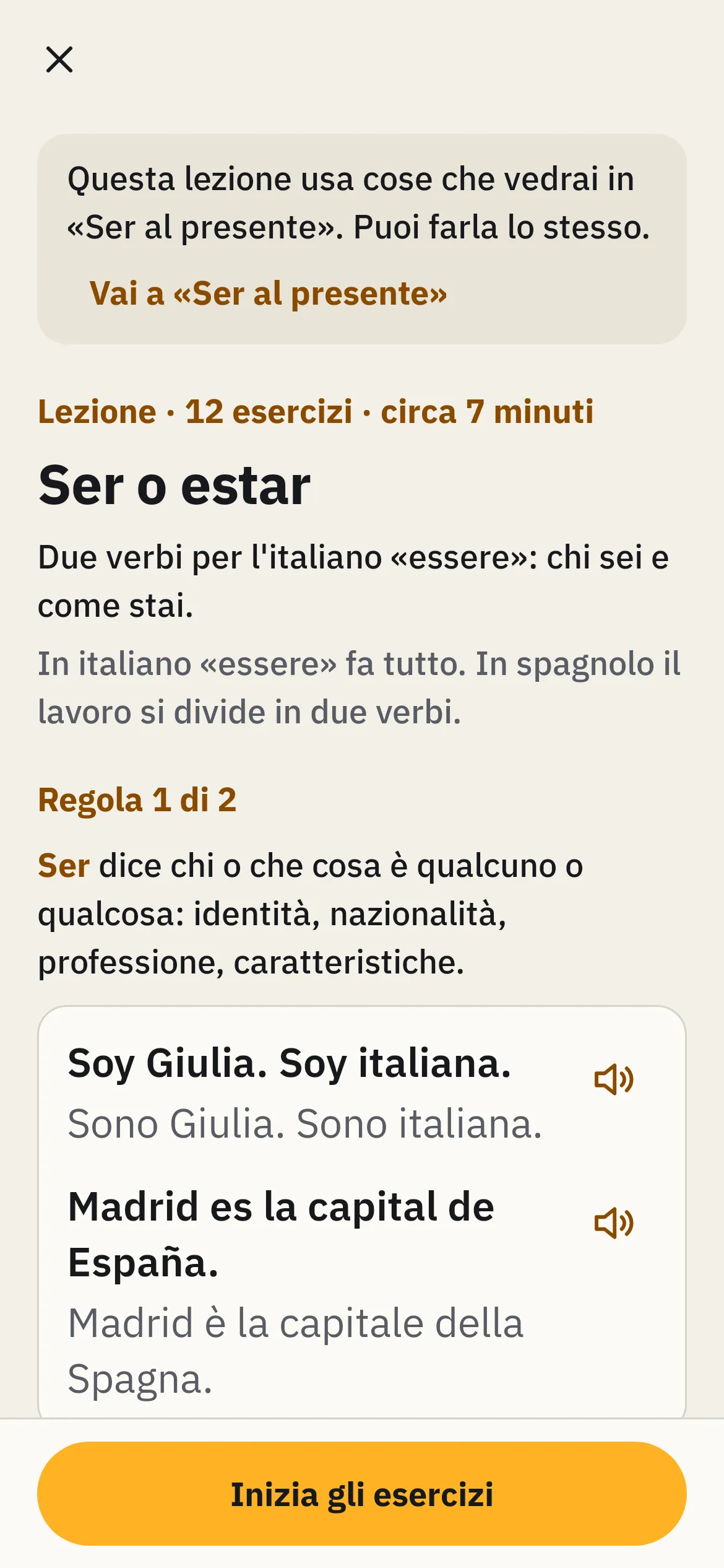 La teoria della lezione «Ser o estar», con gli esempi in spagnolo e la traduzione.
