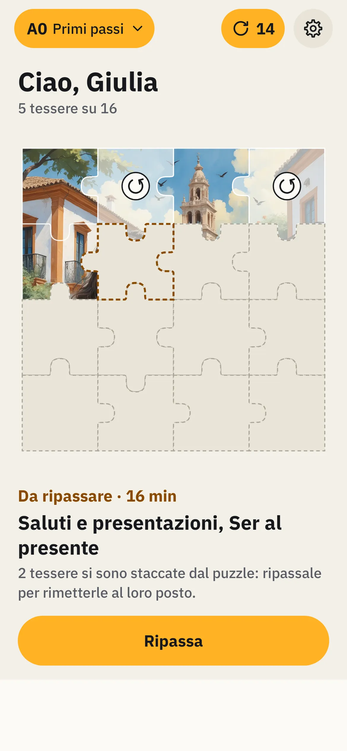 La schermata Oggi: il puzzle del livello A0 con 5 tessere su 16 e il ripasso consigliato.